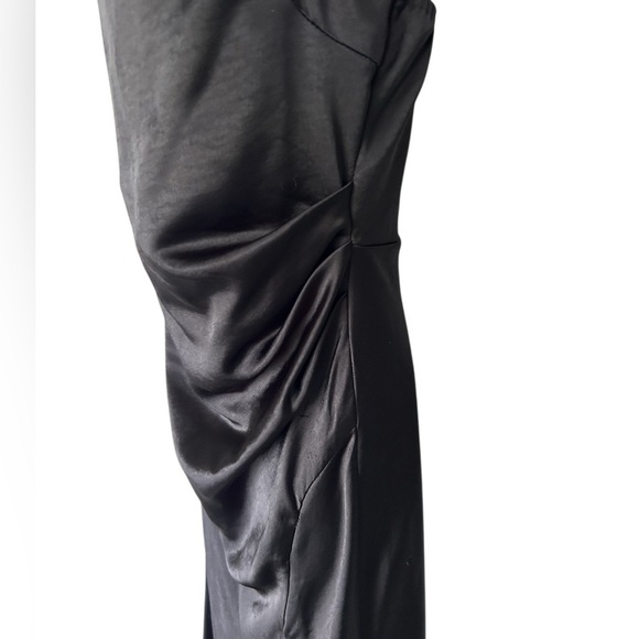 Billy J Julia Black Satin Maxi Dress Spaghetti Side Slit Ruched  Excellent 12 - Picture 4 of 12